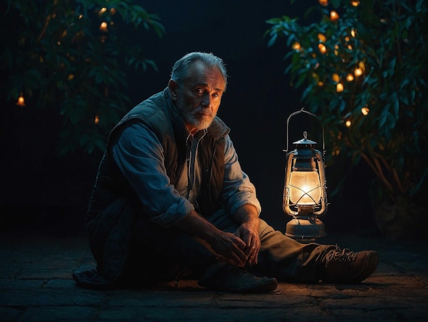 Photo a man with a lantern sitting with legs crossed and han_1