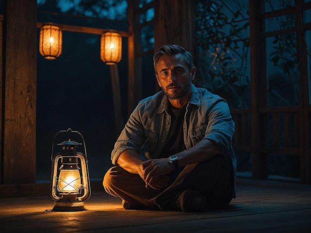 Photo a man with a lantern sitting with legs crossed and han_3