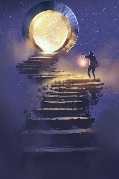 man with a lantern walking on stone staircase leading up to fantasy gate,illustration painting