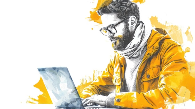 Photo a man with laptop design with vector art use this yellow color code fdd401ff on pure white backgroun