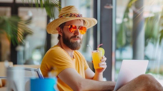 Photo man with laptop enjoying vacation