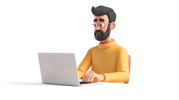 a man with a laptop on his lap and a cartoon face on his face