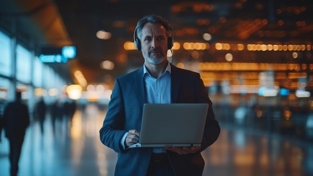 Man with Laptop in Modern Airport