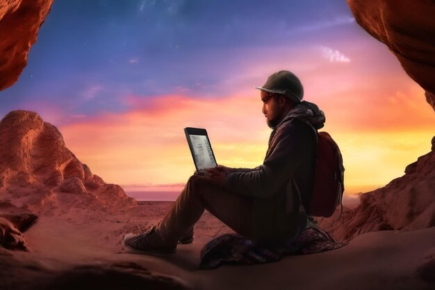 Photo a man with a laptop sits on a beach and looks at the sunset