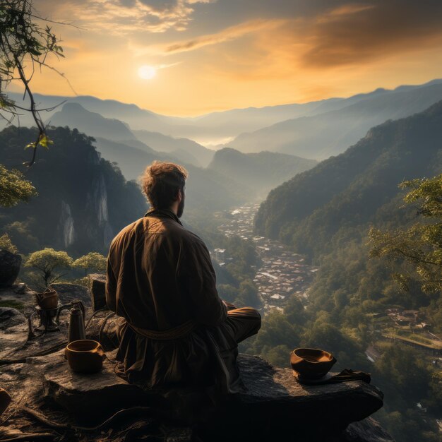 A man with a laptop sits on a rock overlooking a valley