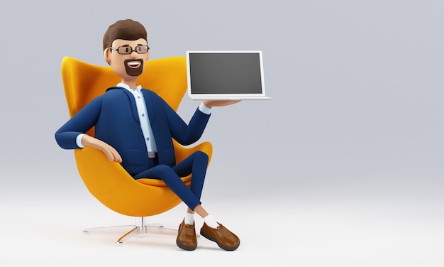 Man with laptop sitting in armchair Cartoon businessman working in office and using social networks isolated on white background 3D illustration