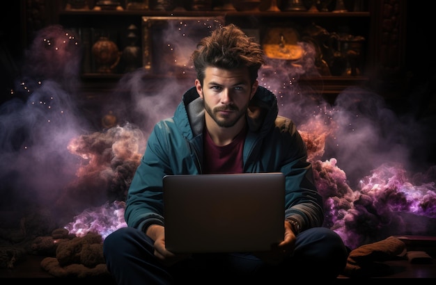 A man with laptop and steam behind him in the night office workaholic concept