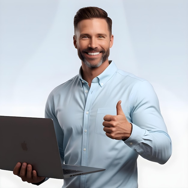 a man with a laptop that says thumbs up