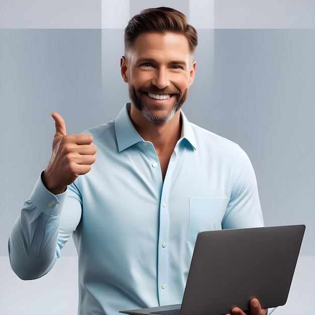 a man with a laptop that says thumbs up