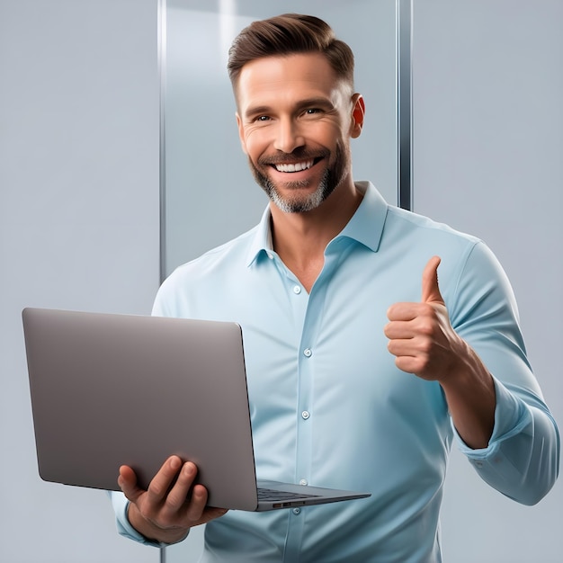 a man with a laptop that says thumbs up