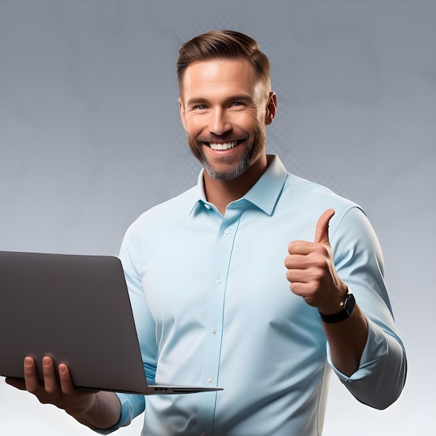 a man with a laptop that says thumbs up