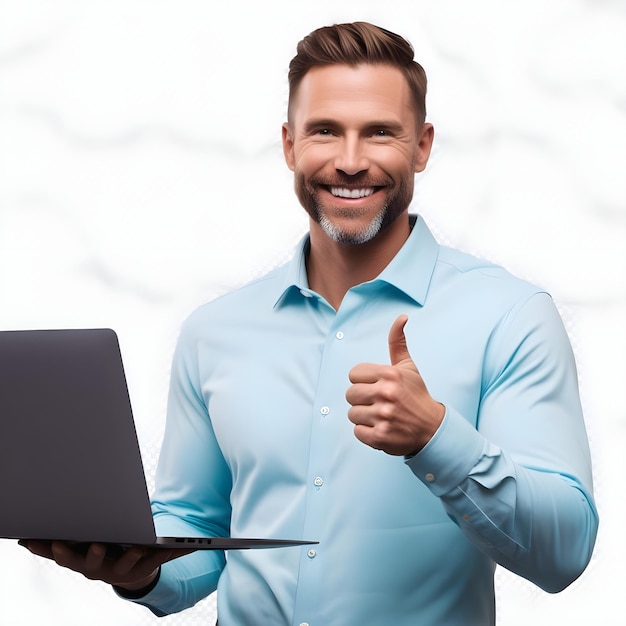 a man with a laptop that says thumbs up