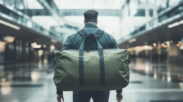 Photo a man with a large duffel bag walks through an airport terminal