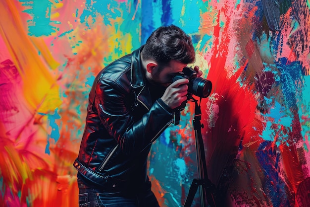 Photo man with leather jacket photographing on colorful background