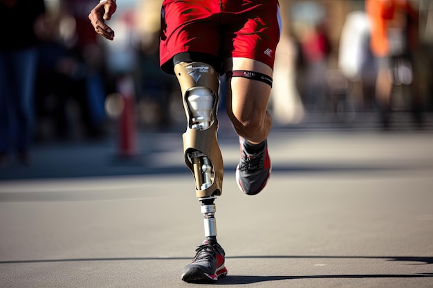 Man with leg prosthesis running in marathon