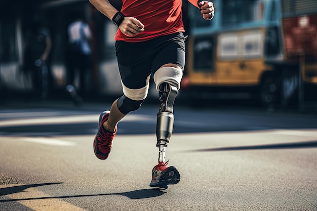 Man with leg prosthesis running in marathon