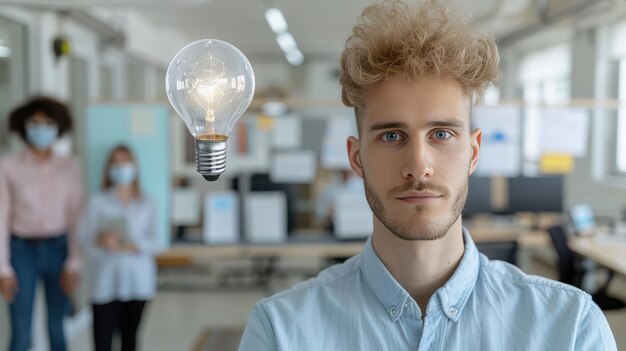 Photo man with light bulb above head thinking idea concept