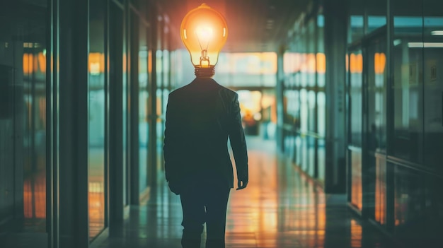 A man with a light bulb on his head is walking in a room