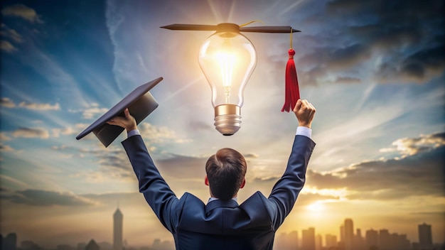 a man with a light bulb above his head and a man with a diploma in his hands