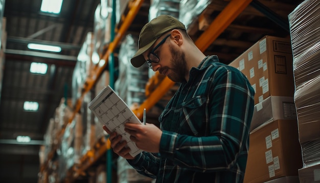 Photo a man with a list in warehouse