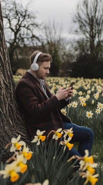 Photo man with listening to music through wireless headphones using smart phone leaning on tree trunk at