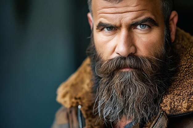 Photo a man with a long beard and a brown jacket