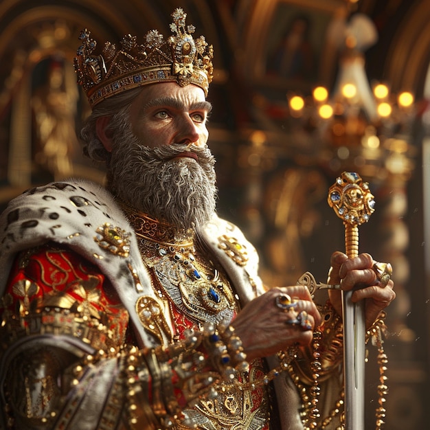 a man with a long beard and a crown on his chest is holding a sword