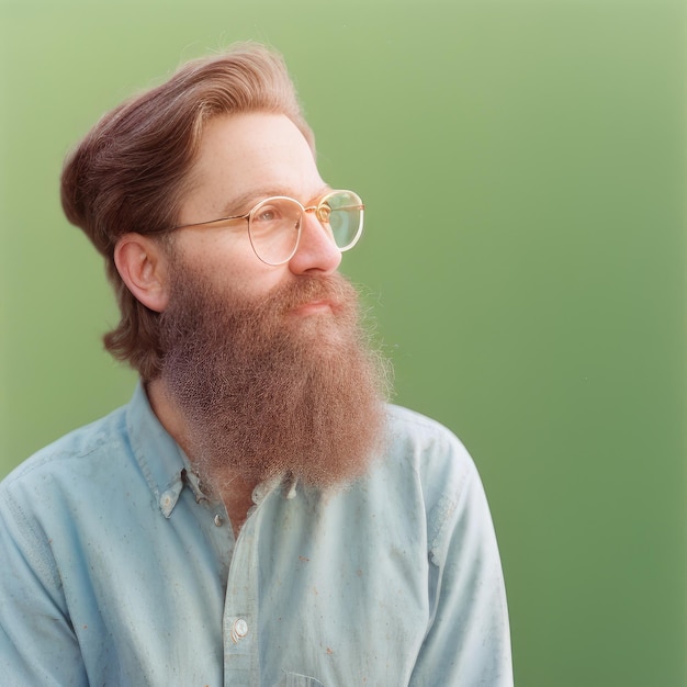 A man with a long beard and glasses is wearing a blue shirt and a light blue shirt.