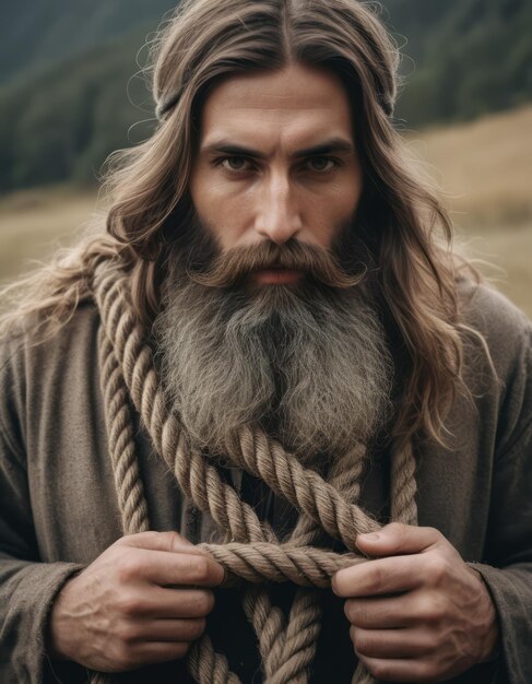 A man with a long beard is holding a rope