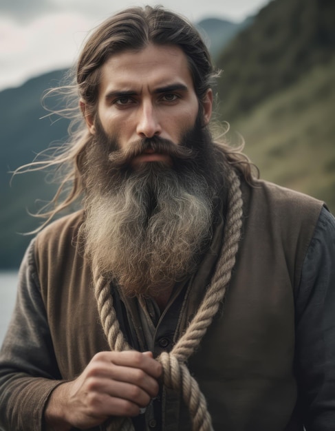 A man with a long beard is holding a rope