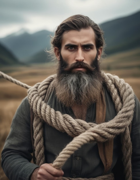 a man with a long beard and a rope around his neck