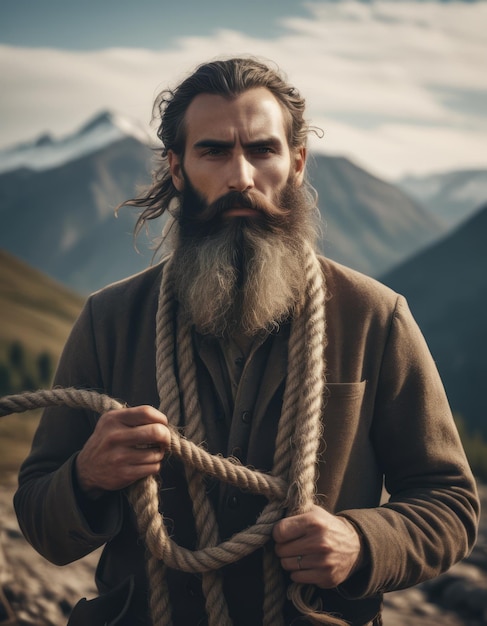 a man with a long beard and a rope in front of a mountain