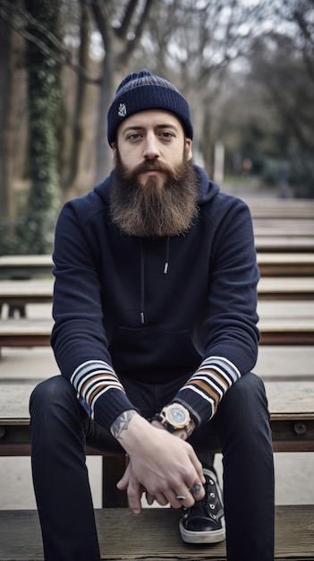 A man with a long beard sits on a bench in a park.