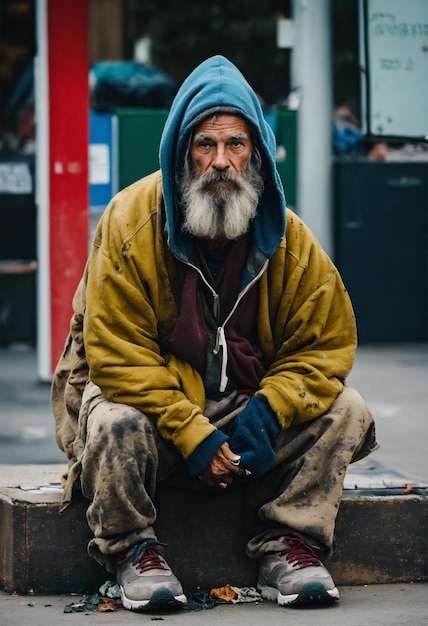 a man with a long beard sits on a curb