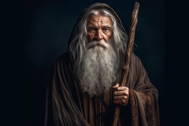 A man with a long gray beard holds a staff.