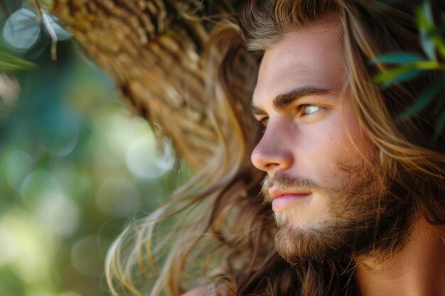 Photo a man with long hair and a beard is looking at the camera