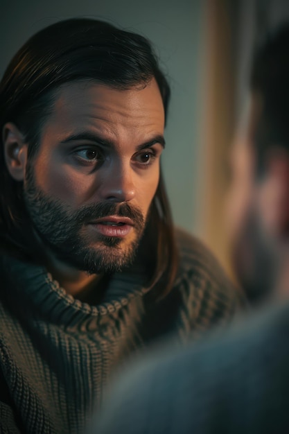 a man with long hair and a beard sitting in front of another man