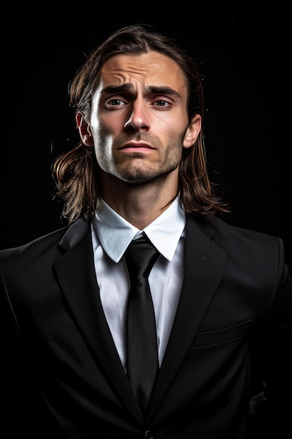 A man with long hair and a black suit and white shirt.