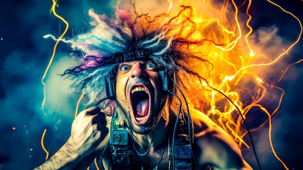 Man with long hair and headphones on his head with lightning in the background