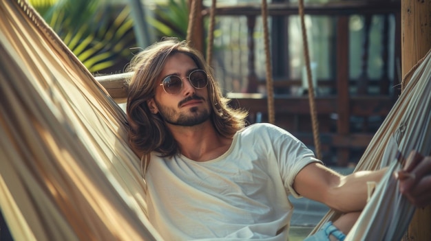 A man with long hair is relaxing in a hammock