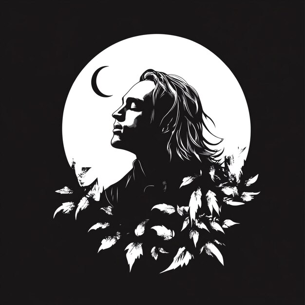 a man with long hair and a moon behind him