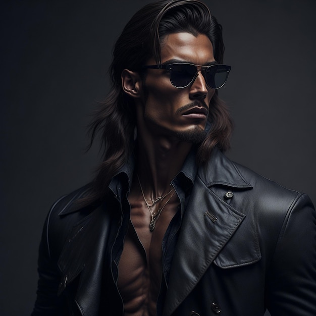 A man with long hair and sunglasses stands in a dark room with a black jacket