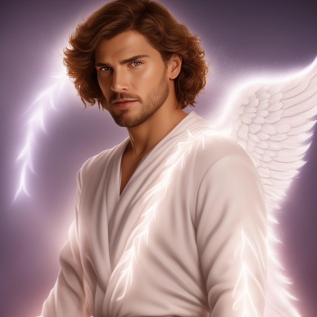 A man with long hair and a white robe with wings on it.