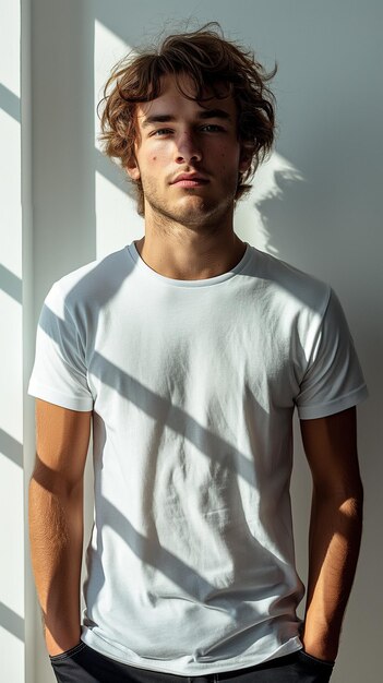 a man with long hair and a white shirt is standing in front of a wall