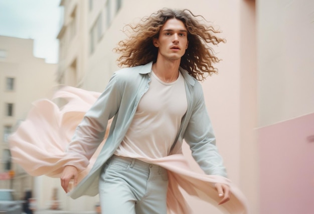 Photo a man with long hair and a white tank top is walking in front of a wall