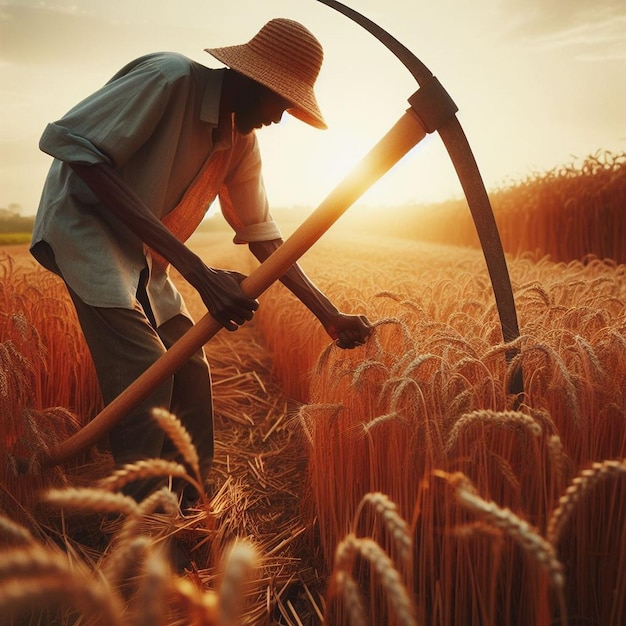 a man with a long stick is using a long blade to cut wheat