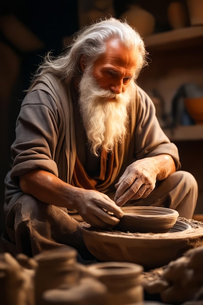 Man with long white beard and white beard is making bowl Generative AI