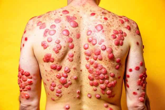 a man with a lot of spots on his back and the back of his back has pink spots on it