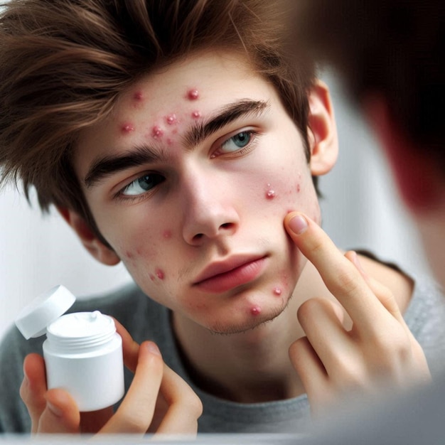 a man with a lotion on his face is holding a bottle of cream