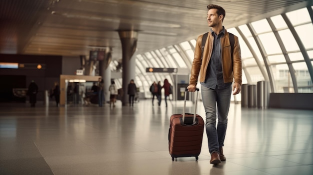 Man with luggage in the airport terminal